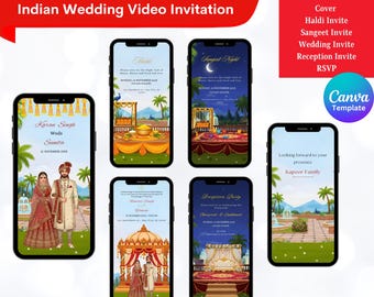 Hindu Wedding Invitation Video Template: Editable Indian Wedding Animated Evite |Save The Date with Bride Groom illustrator Digital Download