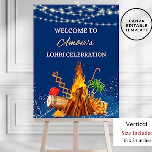 May include: A blue and gold printable sign with the text "Welcome to Amber's Lohri Celebration". The sign features a bonfire, a drum, and other traditional Lohri symbols. The sign is 18 inches by 24 inches.