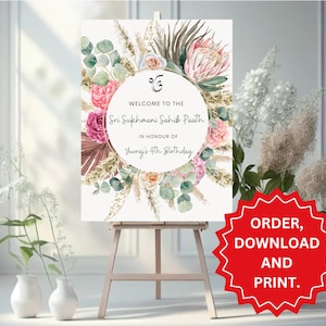 May include: A white sign on an easel with floral and botanical elements. The sign reads "WELCOME TO THE Sri Sukhmani Sahib Paath IN HONOUR OF Yuraj's 4th Birthday." A red starburst graphic says "ORDER, DOWNLOAD AND PRINT."