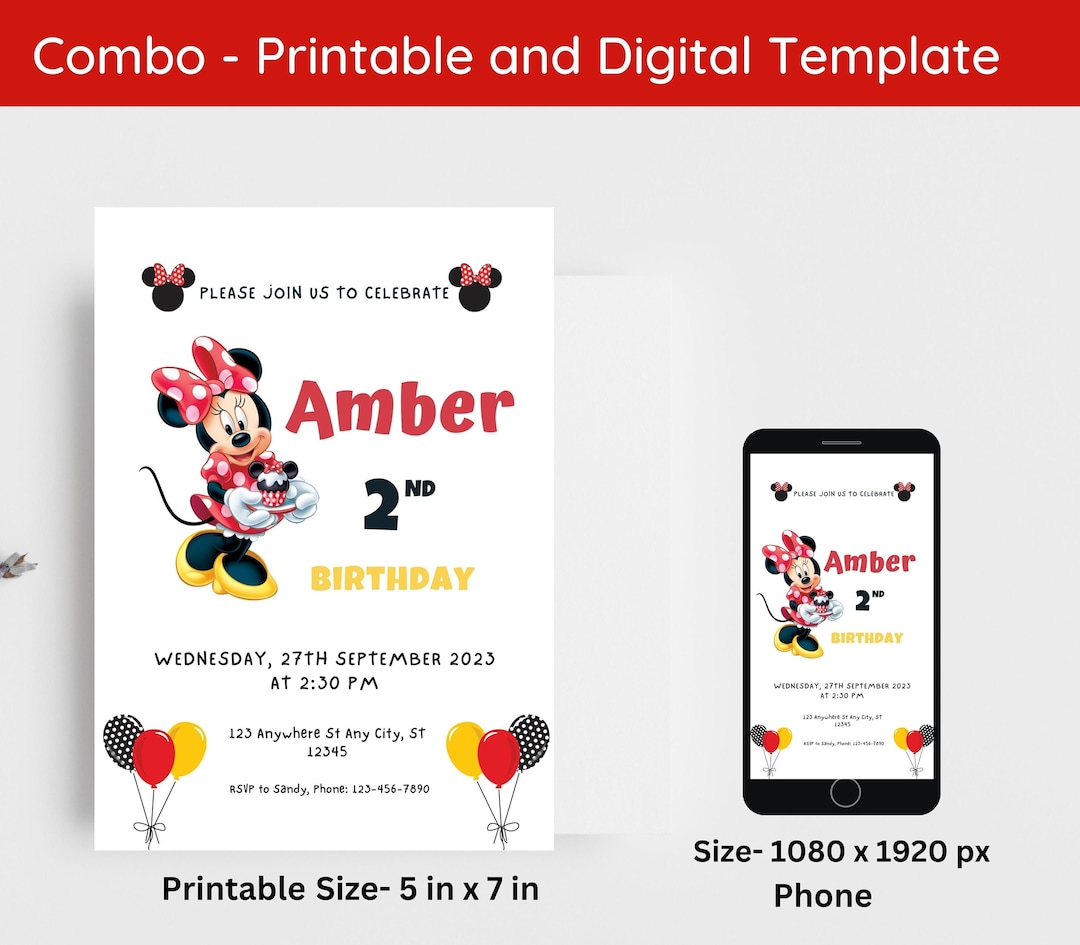 Editable Minny Mouse Birthday Invitation, Minni Invite Party Decoration Editable Template, Minny