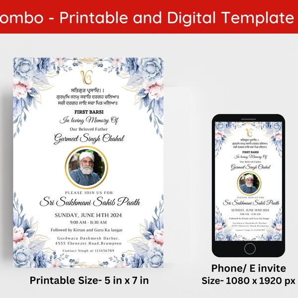 Editable Punjabi Funeral Invite | Sikh Funeral Invitation | First Barsi Invitation Digital and Printable Template Instant Download