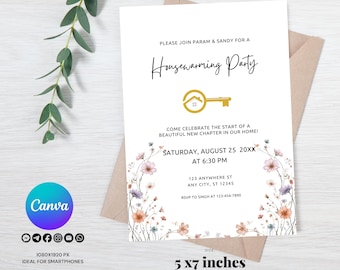 Editable Housewarming Invitation Gold, Floral Housewarming Party Invite, Home Sweet Home Custom, New Home  Announcement Card Template