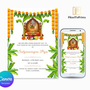 Könnte beinhalten: Eine weiße Einladungskarte und ein Smartphone zeigen ein Satyanarayan Puja-Design. Das Design umfasst eine zentrale Illustration eines religiösen Schreins mit Opfergaben, umgeben von Ringelblumen-Girlanden und Bananenblättern. Der Text enthält die Veranstaltungsdetails.