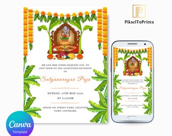 Editable Satyanarayan Pooja Invitation Template | Hindu Housewarming Puja Invite Card (Digital & Printable)