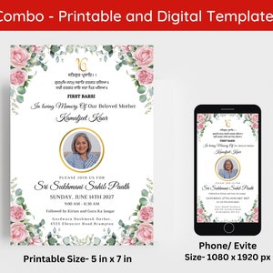 Invitación a funeral punjabi editable / Invitación a funeral sikh / Invitación digital al primer Barsi indio, plantilla de lienzo para invitación a Barsi sikh