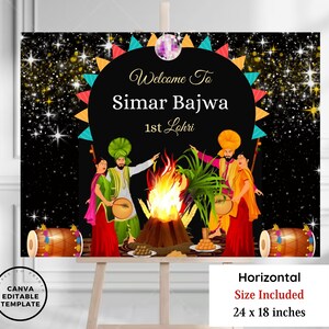May include: A black and gold printable sign with a colourful illustration of a bonfire, two people dancing, and a drum. The text on the sign reads "Welcome To Simar Bajwa 1st Lohri". The sign is 61 cm by 46 cm.