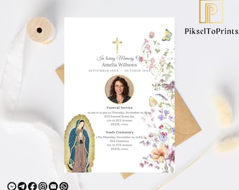 Floral Catholic Funeral Invitation | Virgen de Guadalupe Funeral Invitation Template, Catholic Memorial Card in Spanish, Editable Invitation