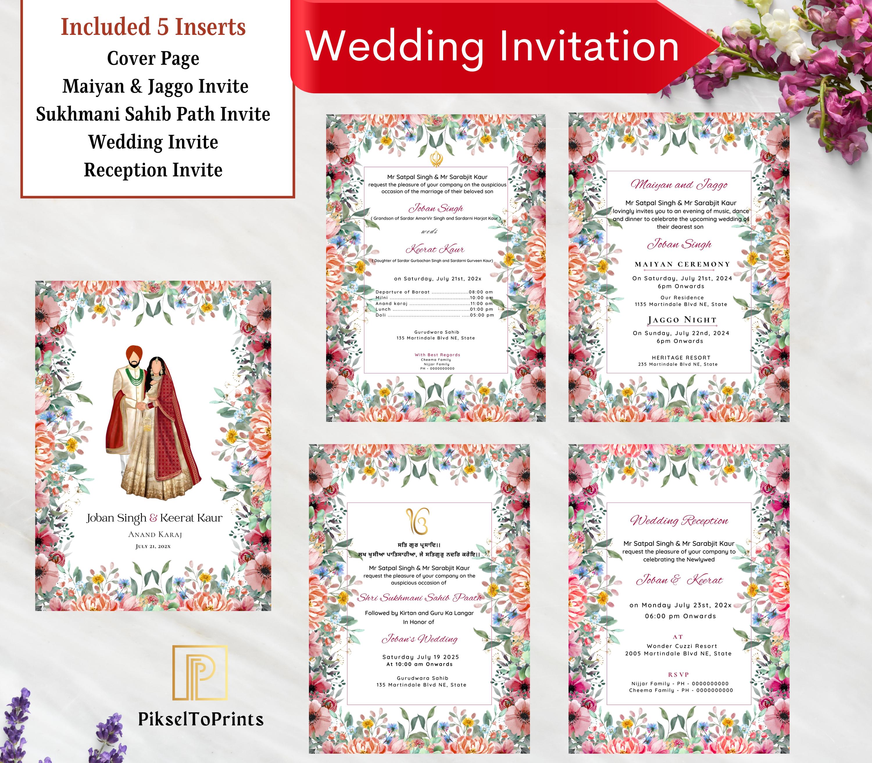 Editable Sikh Wedding Invitation Set, Anand Karaj Invitation, Punjabi Wedding Invitation, Floral Punjabi Wedding Card, Sikh Wedding Card