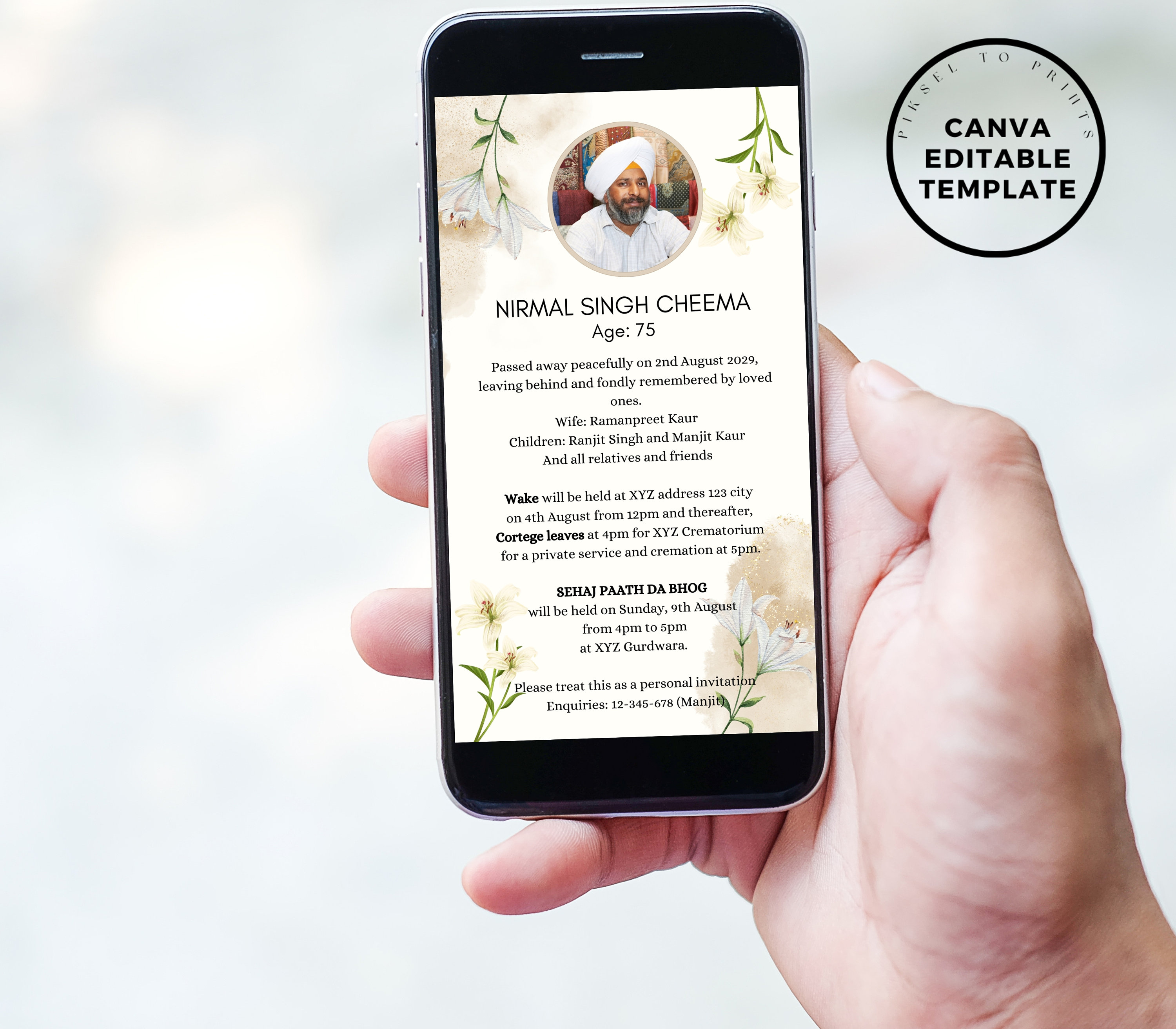 Editable Sikh Funeral Invite Digital Sikh Funeral Invitation Hindu