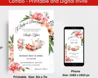 Tea Party Baby Shower Invitation, A Baby is Brewing Editable Canva Template, Floral Baby Shower Invite, High Tea Baby Shower Evite