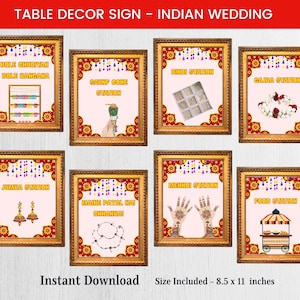 May include: A collection of eight framed signs with gold borders, designed for an Indian wedding. Each sign features text and illustrations for various stations, including Bindi, Mehndi, and Food. The signs are 8.5 x 11 inches.