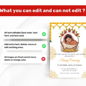 May include: A yellow and gold invitation card with a floral design. The card is for a naming ceremony and includes the text "You are invited to Anita and Anand Daughter's Naming Ceremony 17 October, 20XX | At 9:00AM At 123 Anywhere St., Any City, ST 12345 RSVP to Anita +123-456-7890".