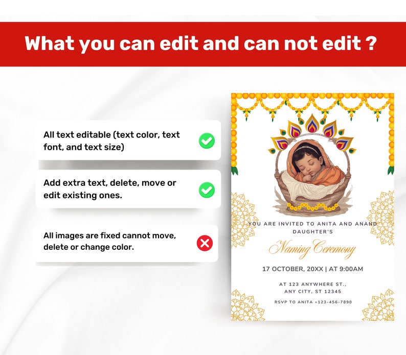 May include: A yellow and gold invitation card with a floral design. The card is for a naming ceremony and includes the text "You are invited to Anita and Anand Daughter's Naming Ceremony 17 October, 20XX | At 9:00AM At 123 Anywhere St., Any City, ST 12345 RSVP to Anita +123-456-7890".