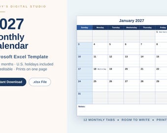 2027 Calendar Excel Template, Editable Monthly Planner Spreadsheet, Print at Home, US Holidays, Digital Download