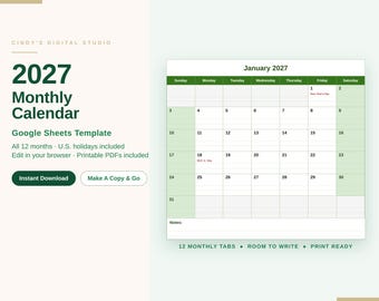 2027 Calendar Google Sheets Template, Editable Monthly Planner, Print at Home, US Holidays, Digital Download
