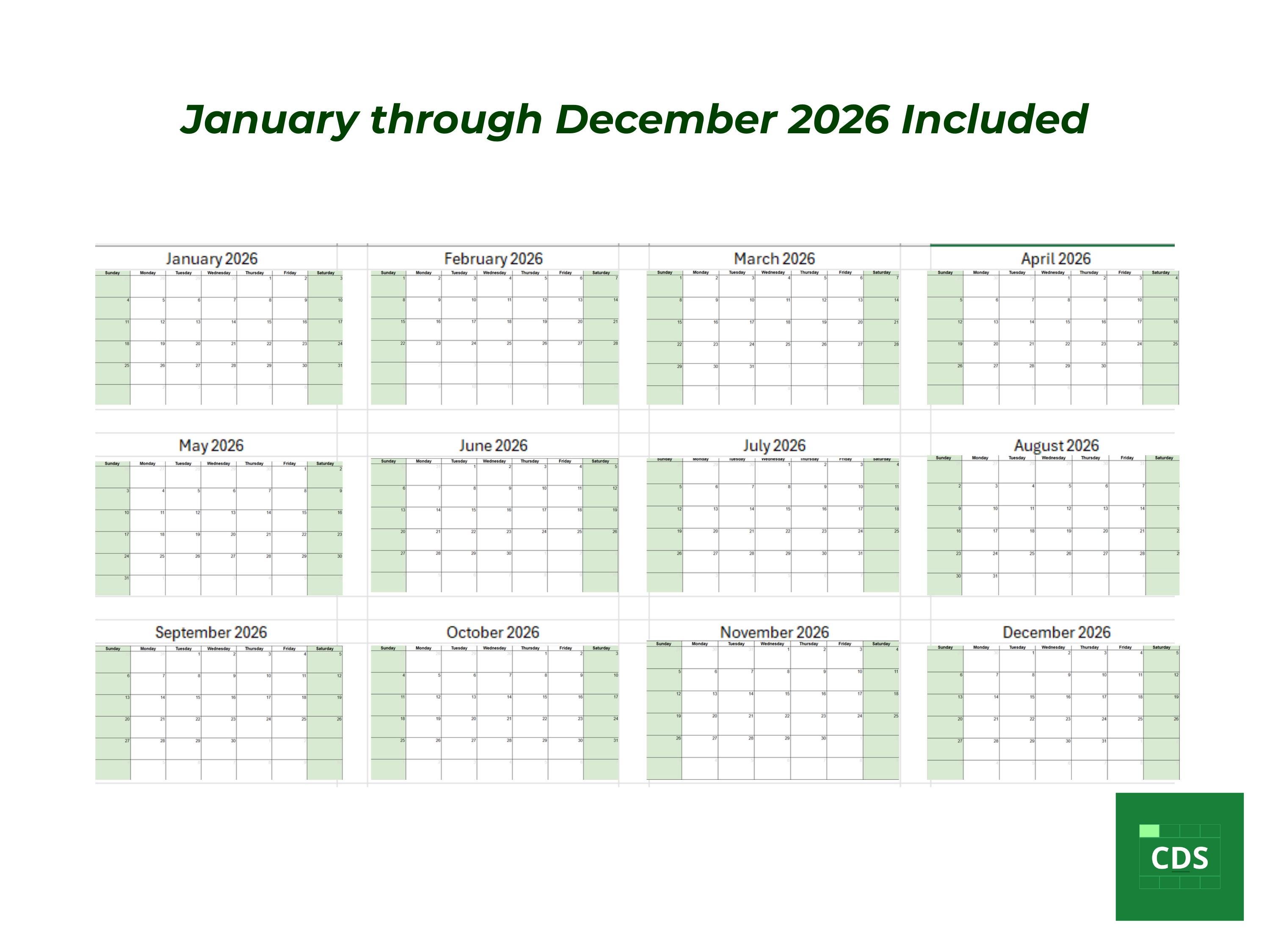 2026 Monthly Calendar Google Sheets Template Printable PDF | Year ...