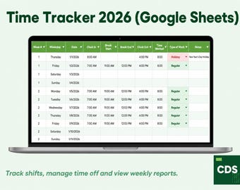 Time Tracker Google Sheets 2026 | Employee Timesheet, Weekly Hours Log, PTO Tracker