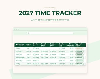 2027 Time Tracker Google Sheets Template, Work Hours Timesheet Log, PTO Vacation Sick Leave Tracker, Weekly Monthly Totals, Instant Download