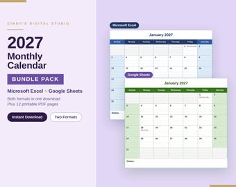 2027 Calendar Template Bundle for Excel and Google Sheets, Editable Monthly Planner, Print at Home, Digital Download
