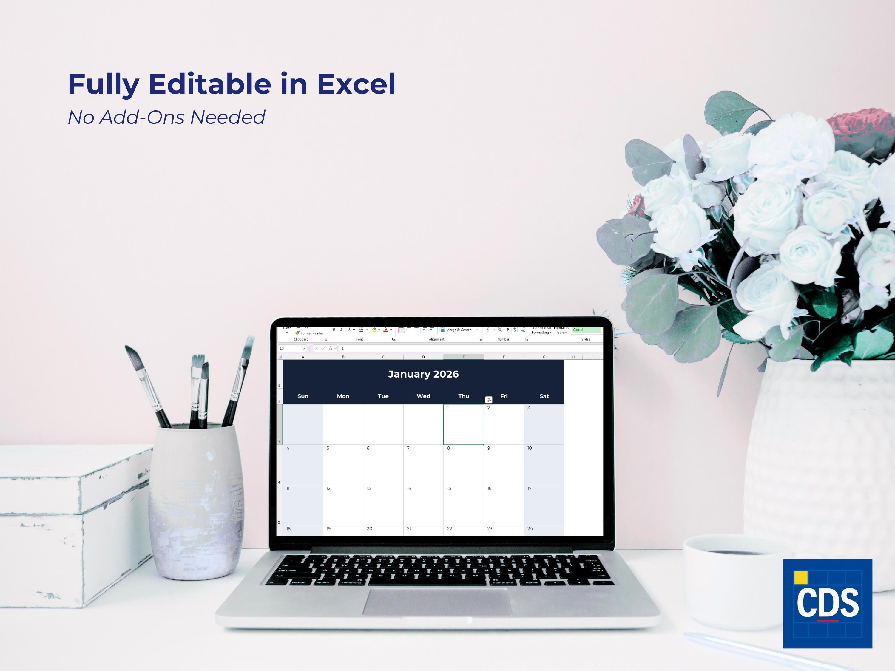 2026 Monthly Calendar Excel Template Printable PDF | Year Planner