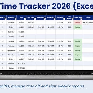 Pode incluir: Uma tela de laptop exibindo uma planilha do Excel Time Tracker 2026 com colunas para número da semana, dia da semana, data, início e fim do turno, pausas, tempo trabalhado, tipo de trabalho e notas. Abaixo está escrito: Track shifts, manage time off and view weekly reports.