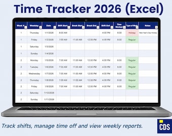 Time Tracker Excel Template 2026 | Employee Timesheet, PTO Vacation Log, Hourly Pay Tracker
