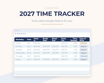 2027 Time Tracker Excel Template, Work Hours Timesheet Spreadsheet, PTO Vacation Sick Leave Log, Weekly Monthly Totals, Instant Download