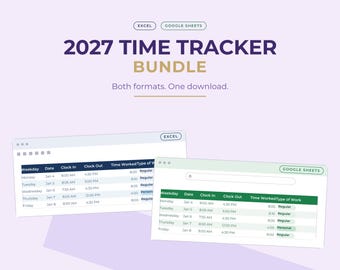 2027 Time Tracker Bundle, Excel and Google Sheets Templates, Work Hours Timesheet, PTO Vacation Sick Leave Log, Instant Download