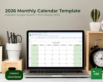 2026 Monthly Calendar Google Sheets | Editable Year Planner, Printable PDF Option