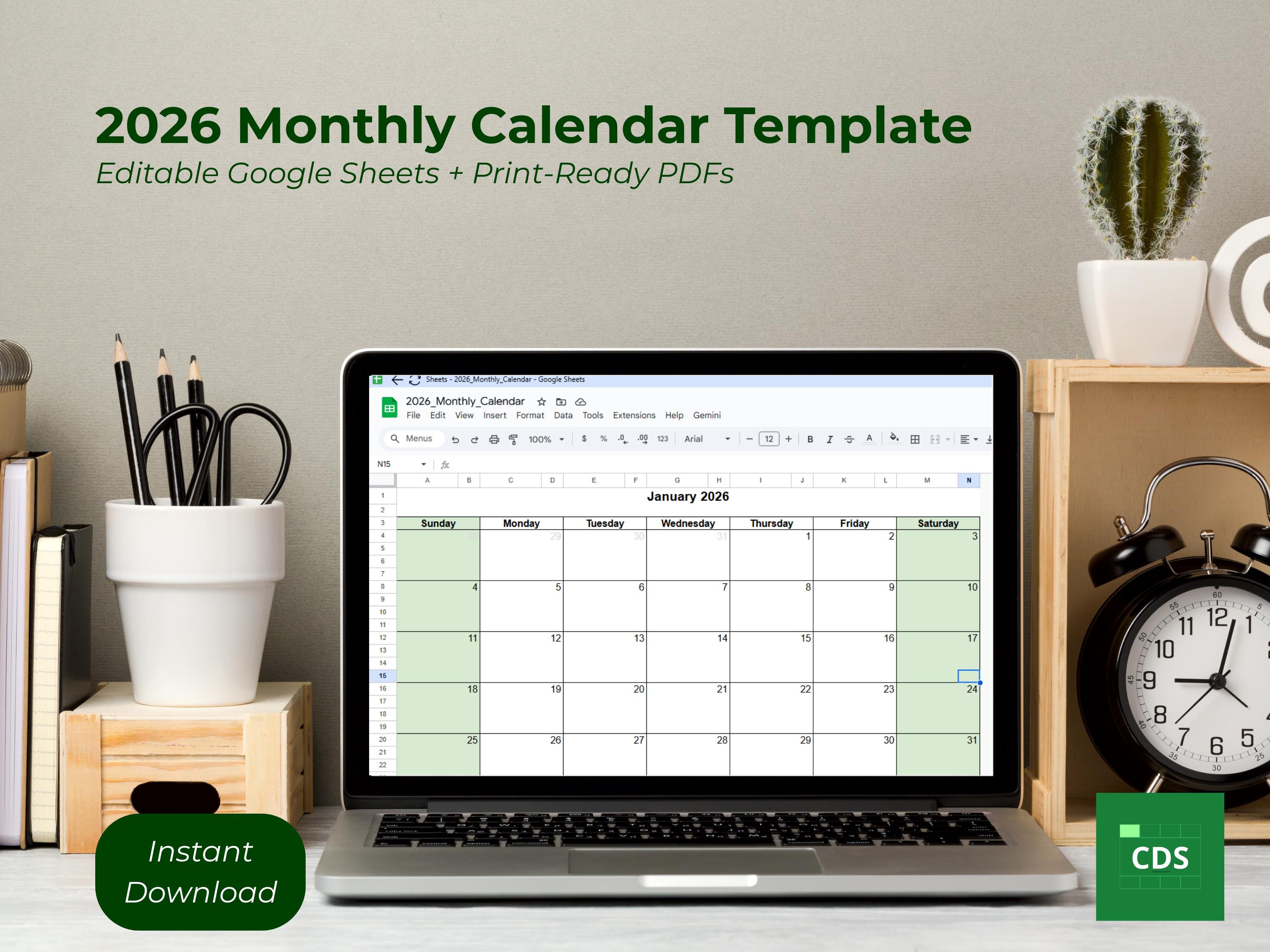 2026 Monthly Calendar Google Sheets Template Printable PDF | Year ...