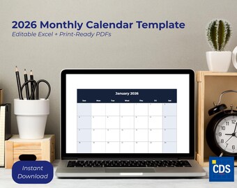 2026 Monthly Calendar Excel | Editable Year Planner, 12 Month Calendar Template