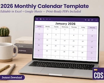 2026 Monthly Calendar Bundle | Excel + Google Sheets | Editable Year Planner