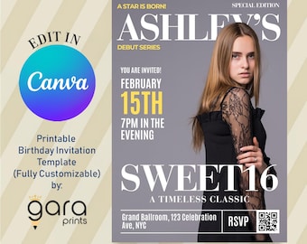Edytowalne zaproszenie urodzinowe w stylu magazynu, okładka Glam Fashion, słodkie 16, Quinceañera, impreza z okazji kamienia milowego, szablon Canva do druku na urodziny