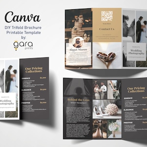 Elegancka broszura DIY do fotografii ślubnej w trójdzielnym formacie, edytowalny projekt w trójdzielnym formacie, profesjonalna broszura fotograficzna, drukowana ulotka ślubna