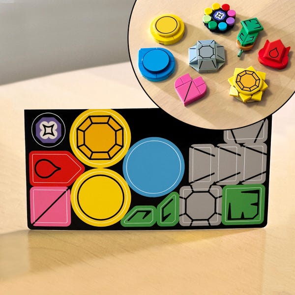 Hoja de pegatinas de la colección de insignias de la región Kanto de Lego Pokémon (recreación no oficial hecha por fans)