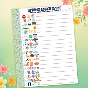 May include: A white paper game sheet with the text "SPRING EMOJI GAME" and a series of emojis. The game sheet has a green floral border and is set against a green and yellow gradient background with floral accents.