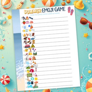 May include: A white sheet of paper with the text "SUMMER EMOJI GAME" and a series of numbered lines with summer-themed emojis. The background features beach-themed items like beach balls, sunglasses, and a straw hat, all in a vibrant, colorful design.