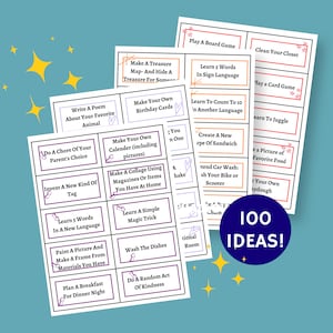 Four pieces of paper with 10 cards on each page for boredom jar activity ideas with doodle images of stars, hearts, and arrows.