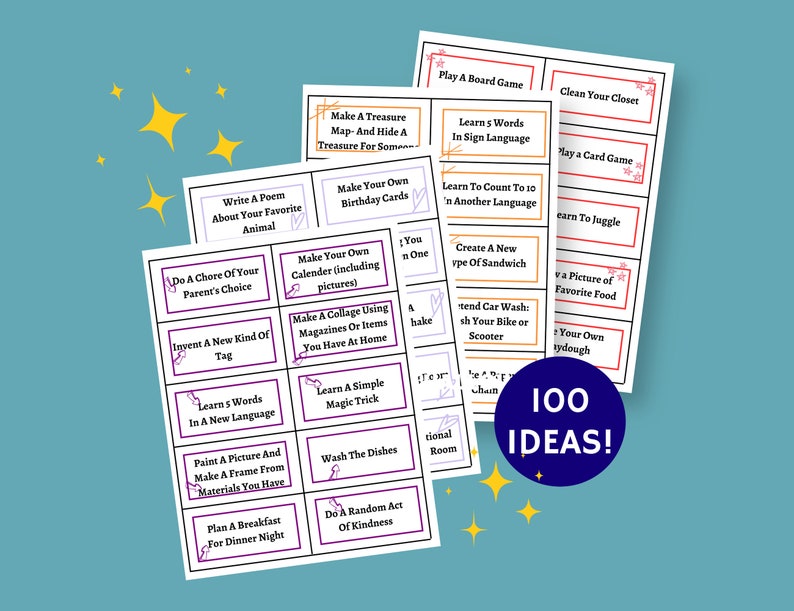 Four pieces of paper with 10 cards on each page for boredom jar activity ideas with doodle images of stars, hearts, and arrows.