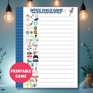 May include: A printable office emoji game with a blue and white design. The game features a list of emojis to guess office-themed words or phrases. A red circle with the words "Printable Game" is at the bottom.