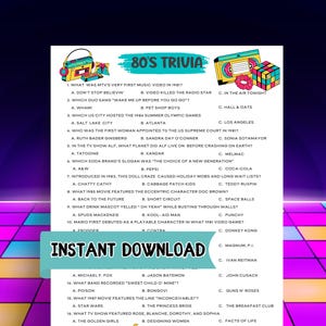 80s Trivia, 1980&#39;s Trivia Game, Printable Party Icebreaker, Adult Birthday Party, 80s Themed Party, Family Game Night, Family Reunion Game