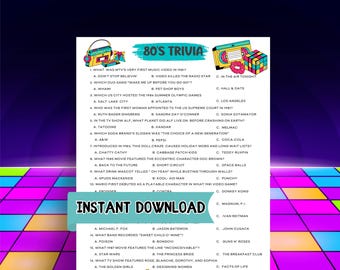 80s Trivia, 1980's Trivia Game, Printable Party Icebreaker, Adult Birthday Party, 80s Themed Party, Family Game Night, Family Reunion Game