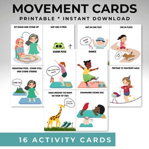 Tarjetas de descanso con movimiento, actividades para descansar el cerebro, tarjetas de ejercicios para niños, juegos de educación física, tarjetas de fitness, tarjetas de movimiento para el aula de jardín de infantes