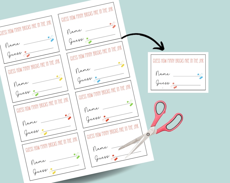 May include: Printable game cards with the text "Guess how many bricks are in the jar" and lines for players to write their names and guesses. The cards are decorated with colorful confetti.