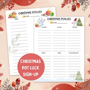 Christmas Potluck Sign Up Sheet, Holiday Party Printable (PDF)