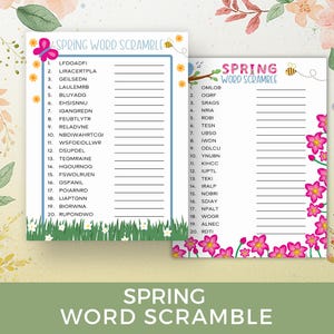 May include: Two spring-themed word scramble game sheets. One sheet has a butterfly and grass design, the other has a floral border. Both sheets have the words "Spring Word Scramble" at the top.