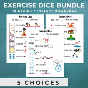 Three pieces of paper with images of exercises, animals and dice for an exercise dice activity for kids,