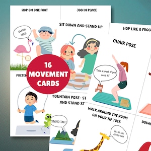 Tarjetas de movimiento, actividades para el cerebro, ejercicios para niños, juegos de educación física imprimibles, ejercicios para preescolar y jardín de infantes.