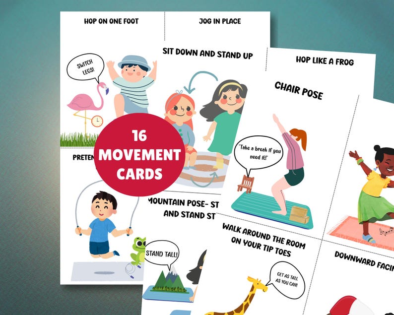 Three pieces of paper with images of children doing different physical activities for a movement card printable.