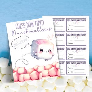 Gioco di indovinelli sui marshmallow, indovina quanti marshmallow ci sono nel barattolo, cartello per festa di cioccolata calda, gioco per baby shower invernale, gioco per feste per bambini